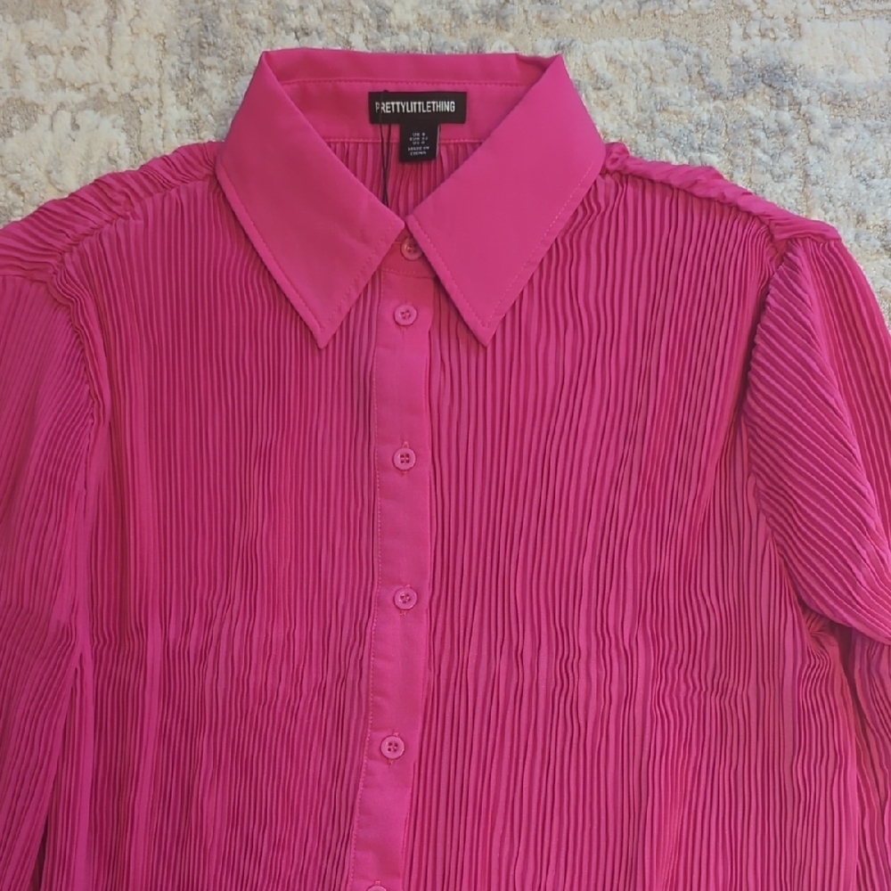 NWT PrettyLittleThing Hot Pink Plisse Oversized Shirt Size 0 - Picture 5 of 9
